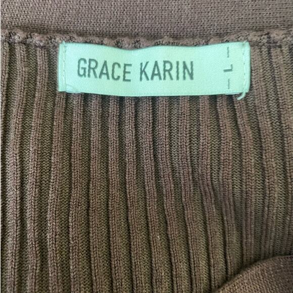 Grace Karin Women Cardigan Sweater L Brown Ribbed Fitted‎ Preppy Academia Office - Picture 2 of 9